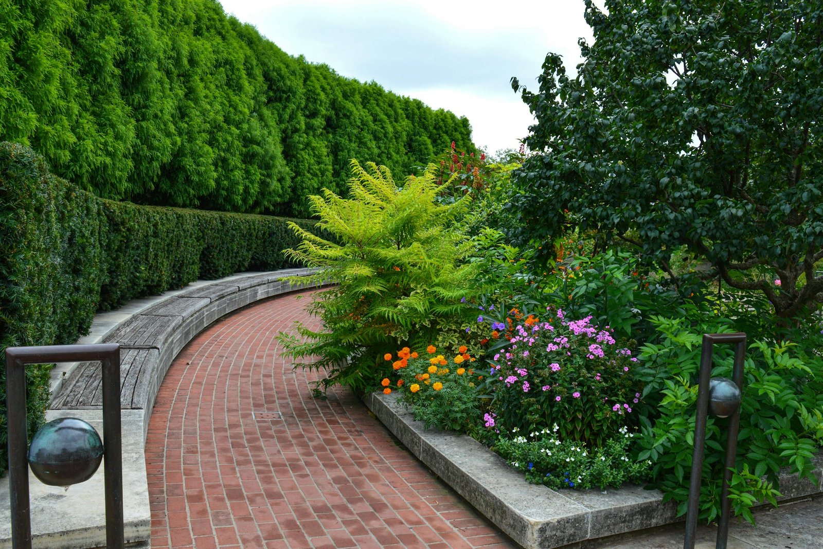 Finished residential garden path with mature planting beds and clean edges