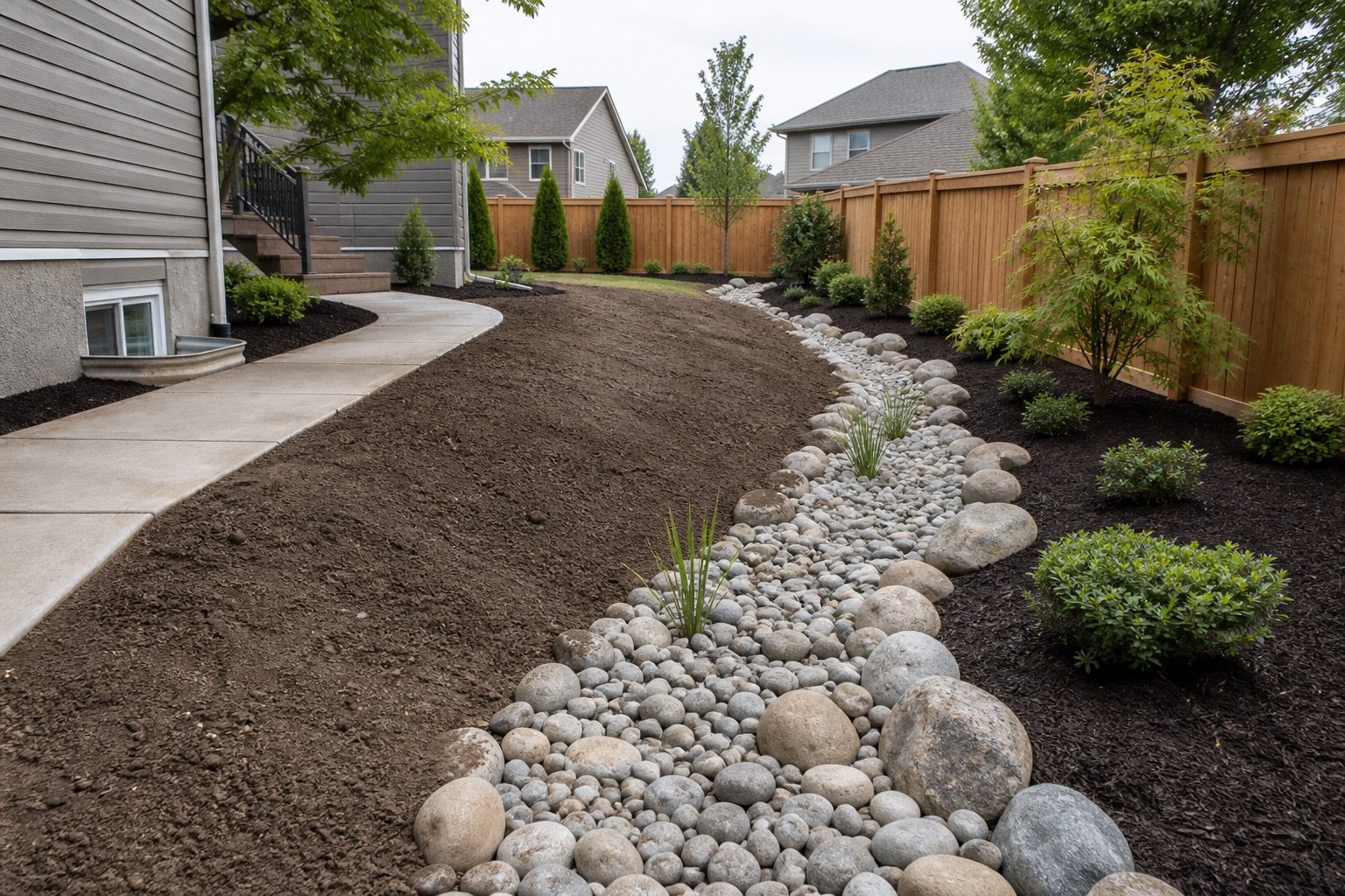 Residential side yard with corrected grading, fresh soil, and a river rock drainage swale