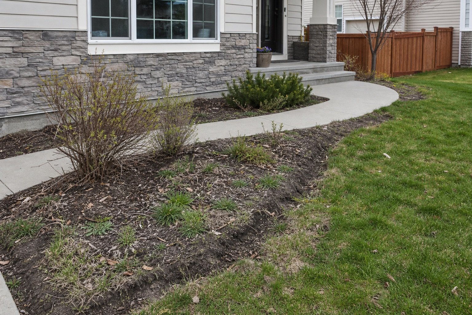 Unfinished front yard with patchy garden beds, old mulch, weeds, and tired bed edges