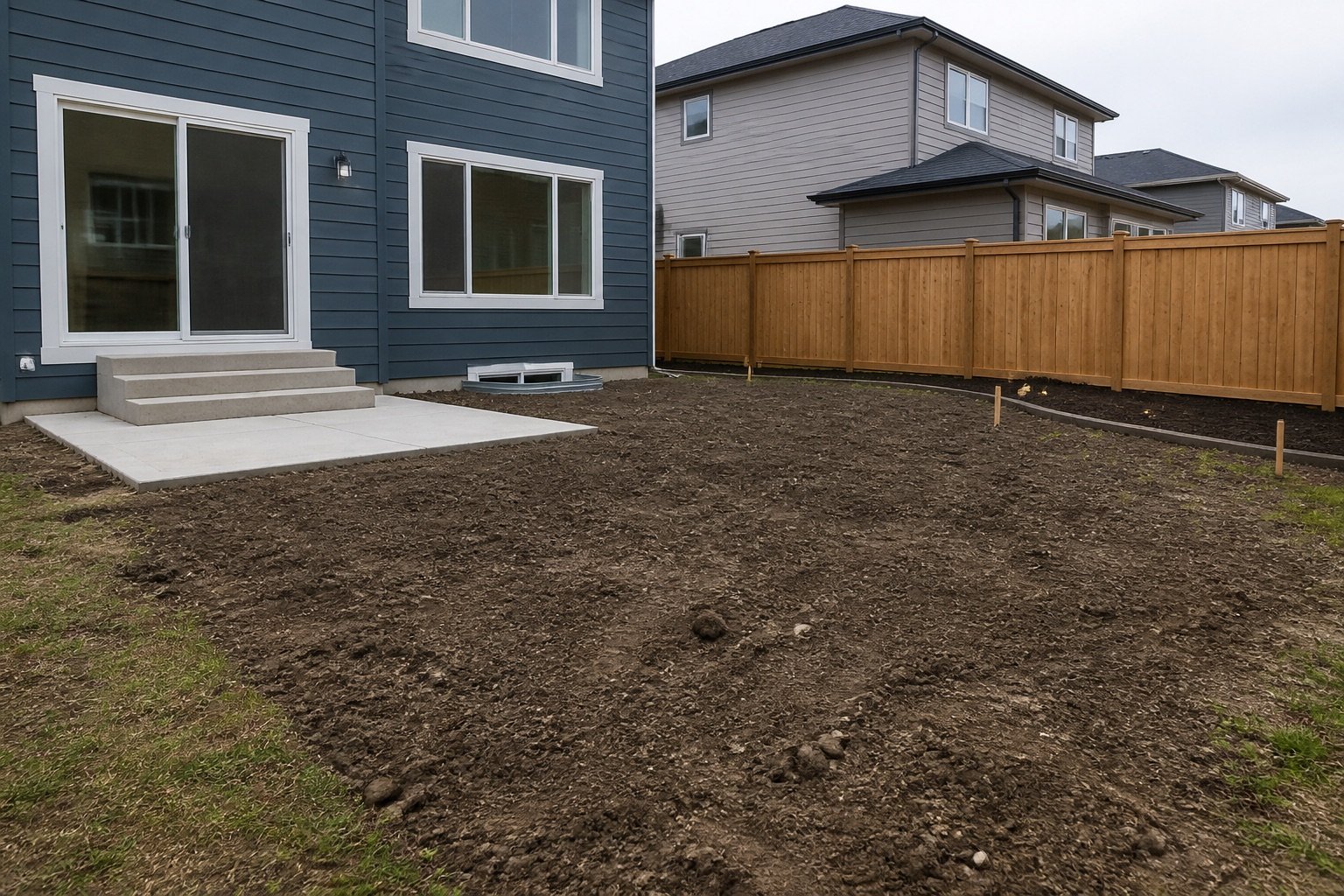 New-build backyard with rough unfinished topsoil, patio, fence, and bare yard ready for landscaping