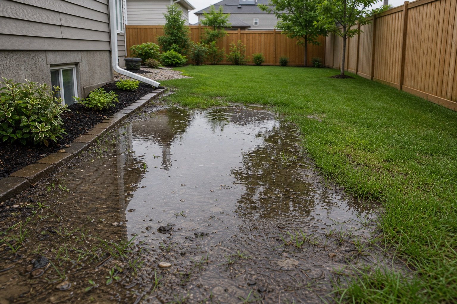 Residential yard with standing water pooling beside a lawn and garden bed after rain