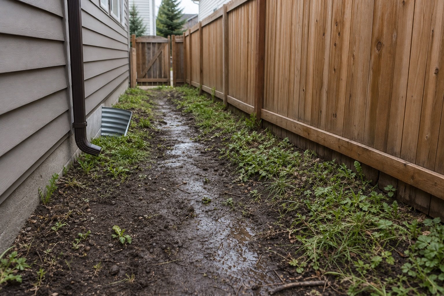 Narrow residential side yard with mud, weeds, and worn ground between a house and fence